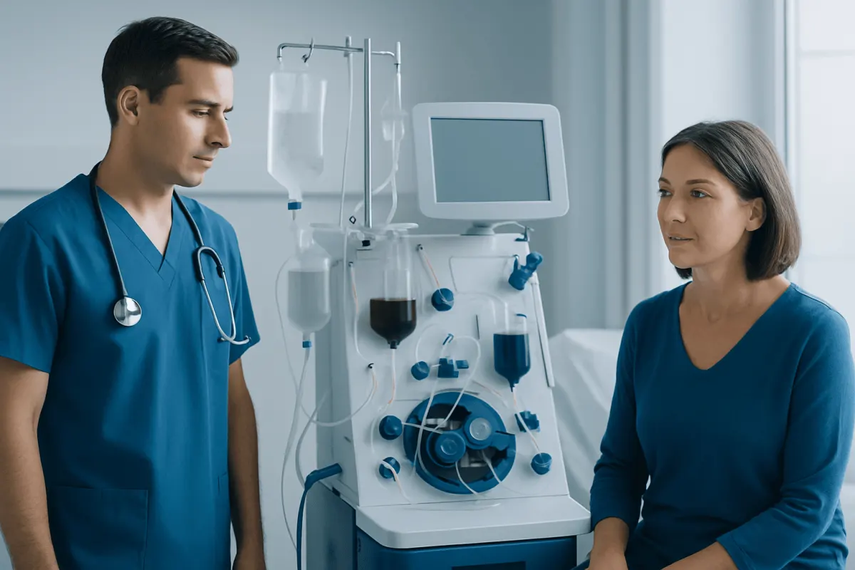Medical professionals discussing treatment with dialysis machine in hospital.