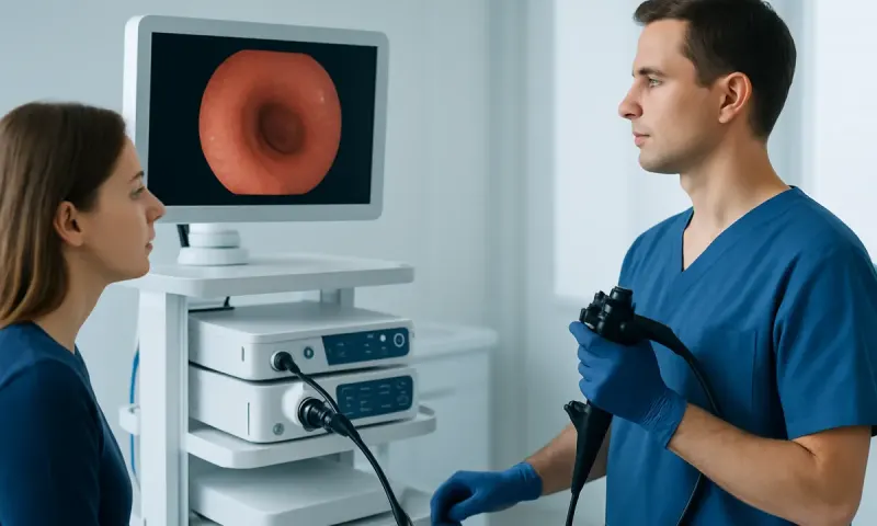 Endoscopy procedure showing a doctor and patient with stomach image on monitor.