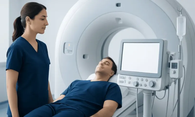 Medical technician preparing patient for MRI scan in hospital.