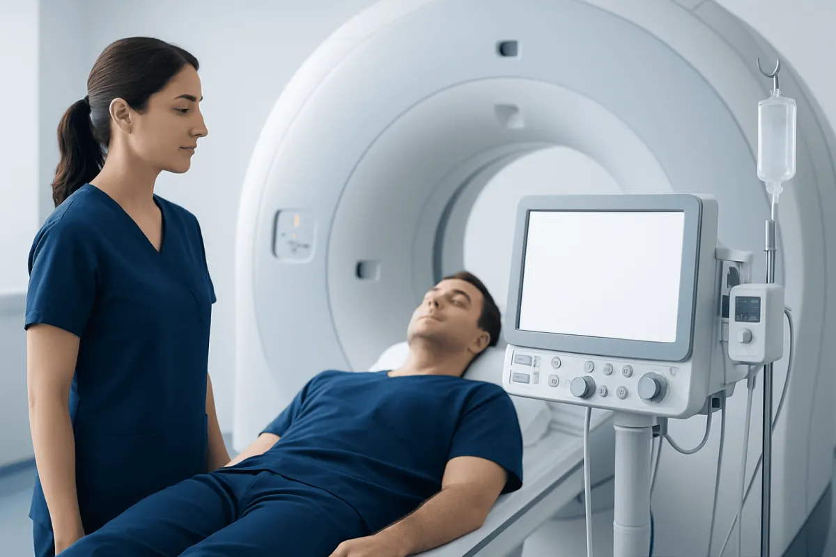 Medical technician preparing patient for MRI scan in hospital.