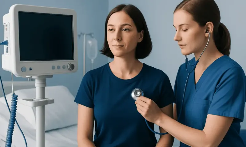 Medical professionals measuring a patient's apical pulse with a stethoscope in hospital.