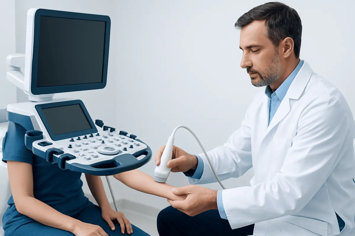 Doctor performing an ultrasound examination on a patient's arm.