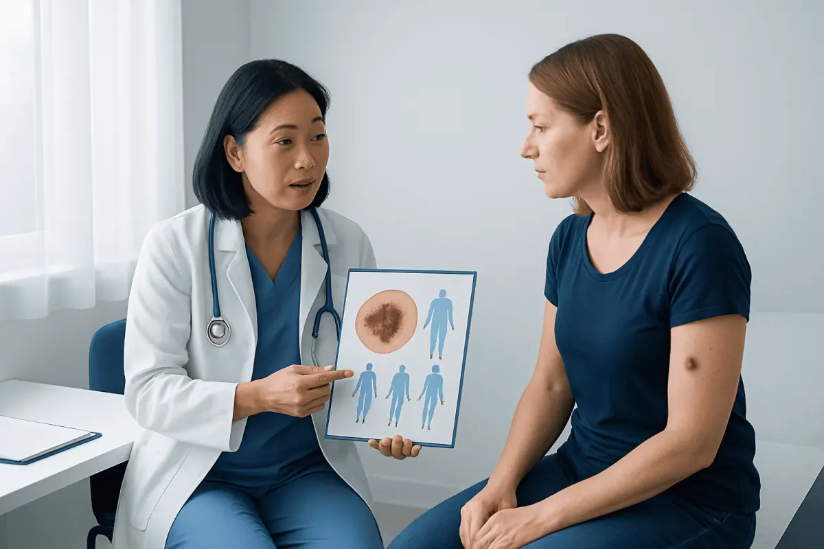 Doctor explaining melanoma signs to patient with skin lesion.