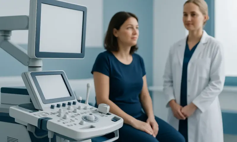 Medical examination room with ultrasound device and healthcare professionals.