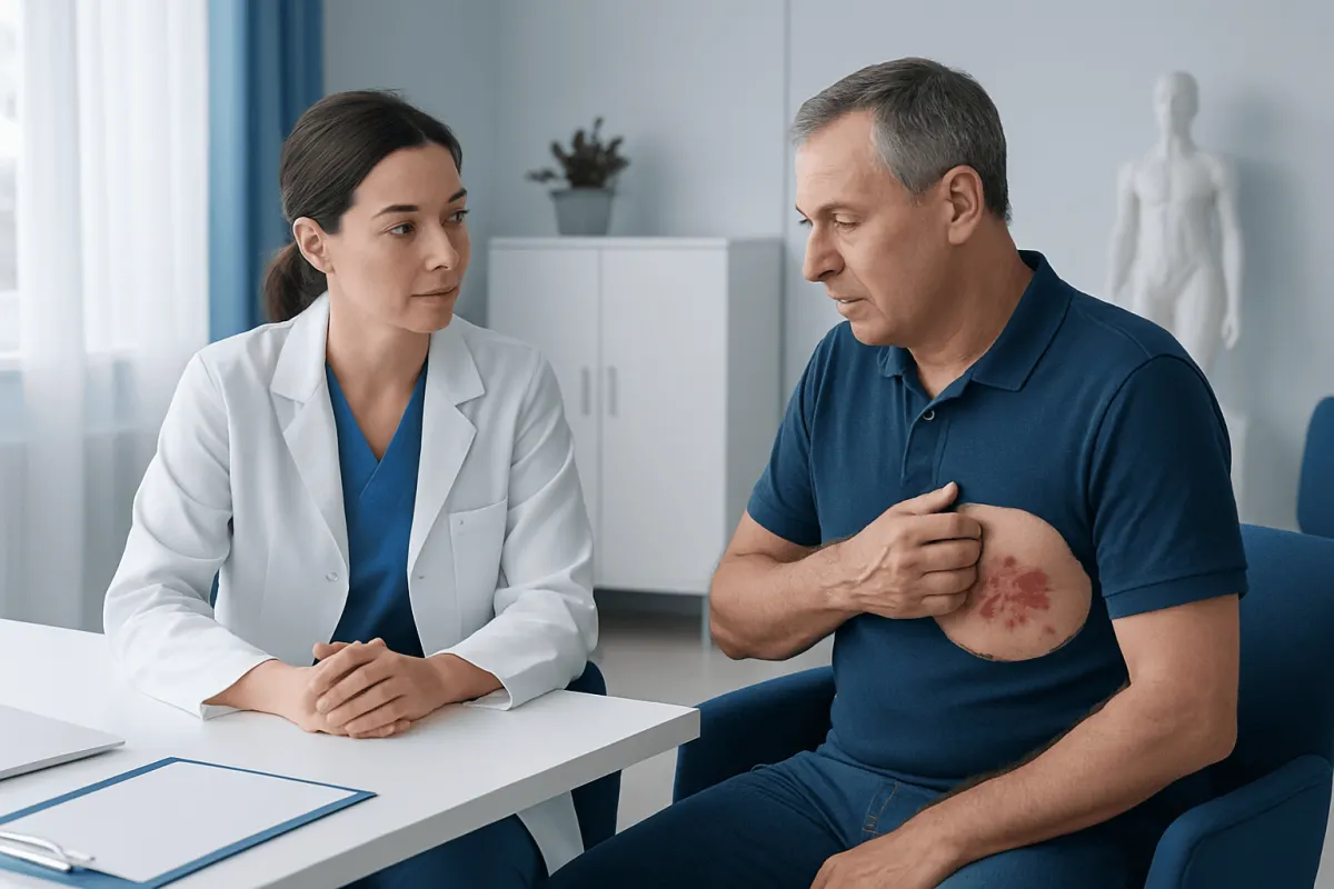 Doctor consulting with patient showing shingles rash on chest.