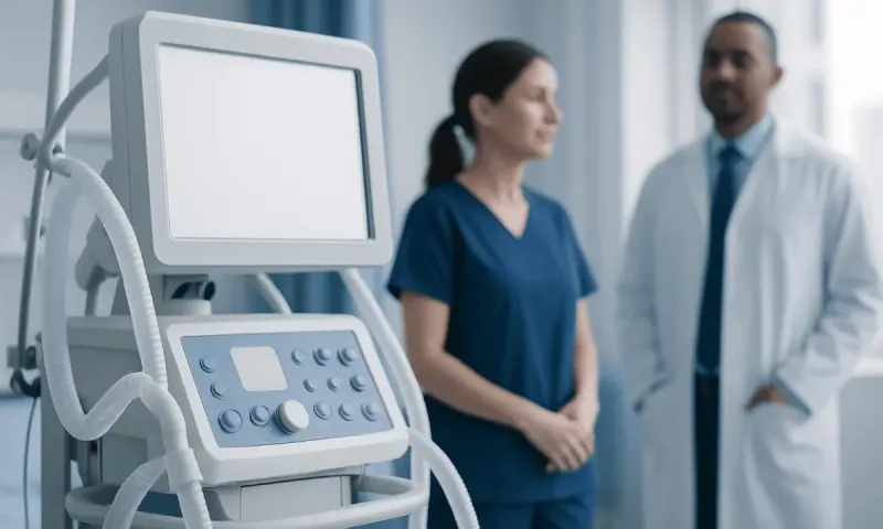 Medical professionals discussing patient care with ventilator in hospital.