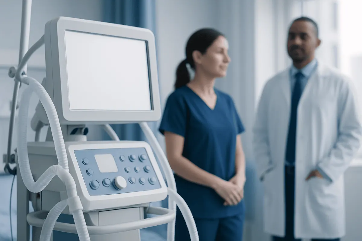 Medical professionals discussing patient care with ventilator in hospital.