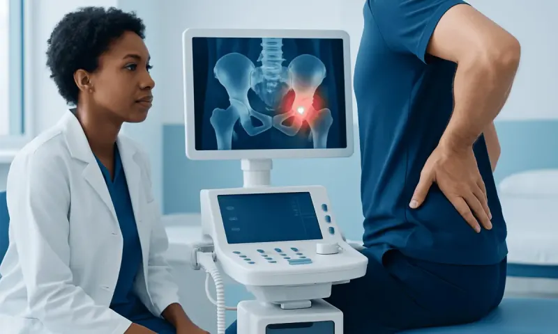 Medical consultation for hip pain with X-ray image on monitor.