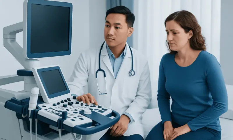 Doctor performing an ultrasound examination on a patient in a clinical setting.