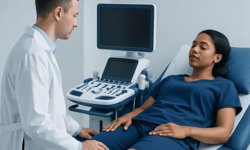 Doctor performing an ultrasound exam on a female patient in a hospital room.