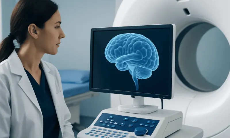Medical professional analyzing brain scan on MRI machine at Acibadem Hospital.