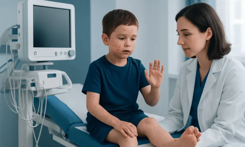 Child with Hand Foot Mouth disease being examined by a doctor in hospital.