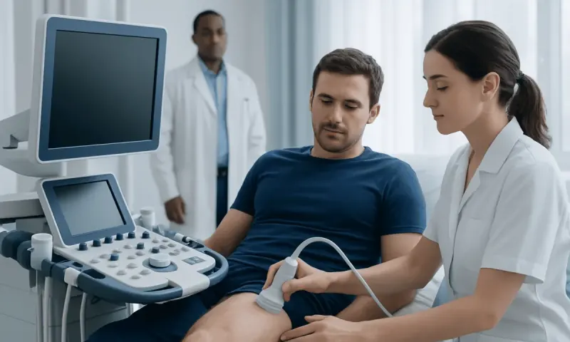 Medical professional performing an ultrasound on a patient's leg in a clinical setting.