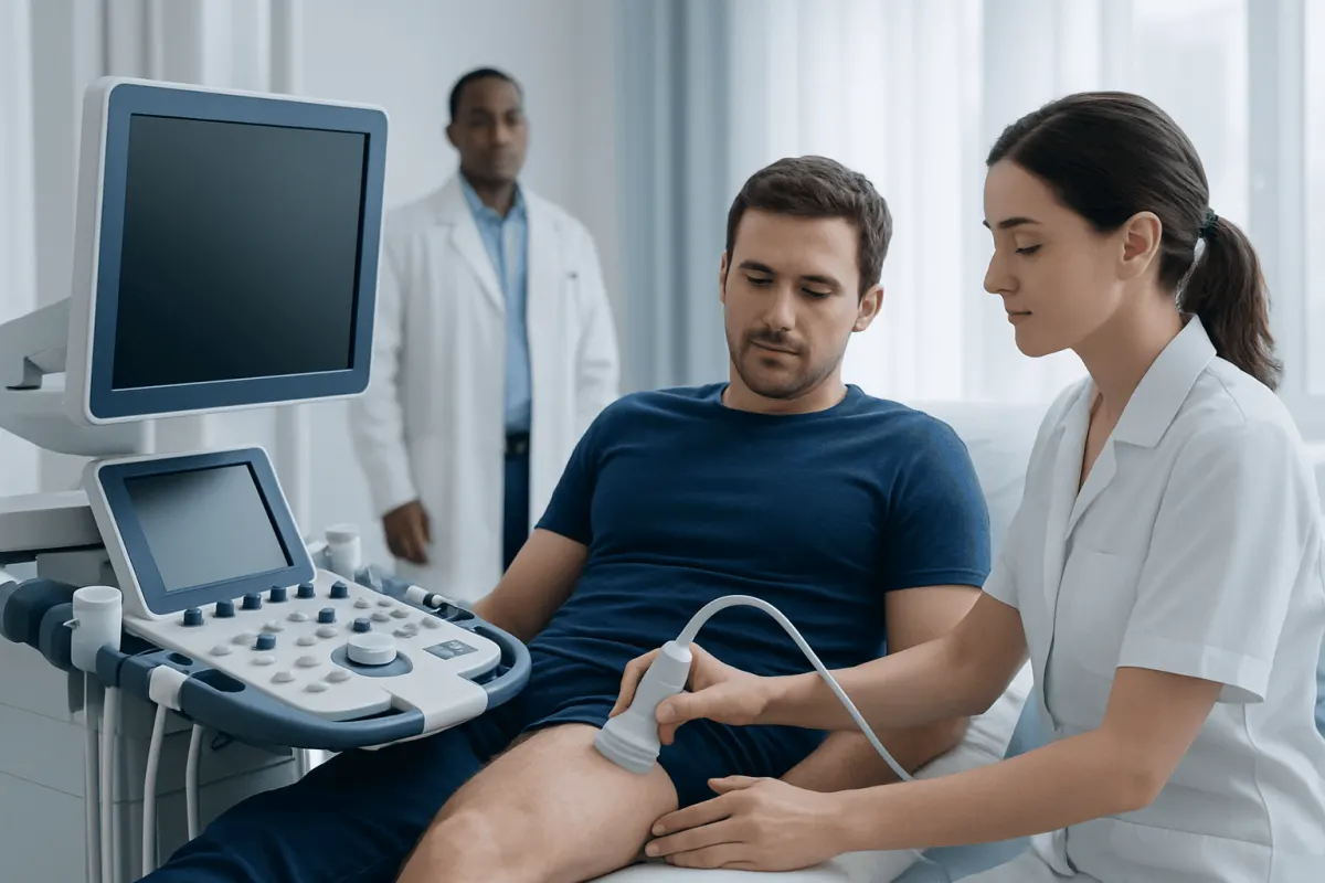 Medical professional performing an ultrasound on a patient's leg in a clinical setting.