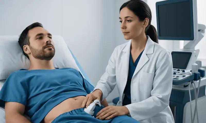 Doctor examining male patient in hospital room with medical equipment.