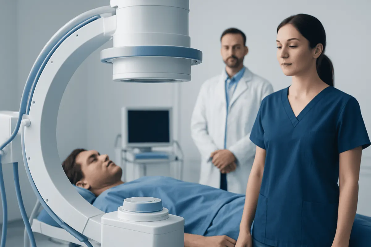 Medical professionals prepare for a diagnostic imaging procedure in a hospital.