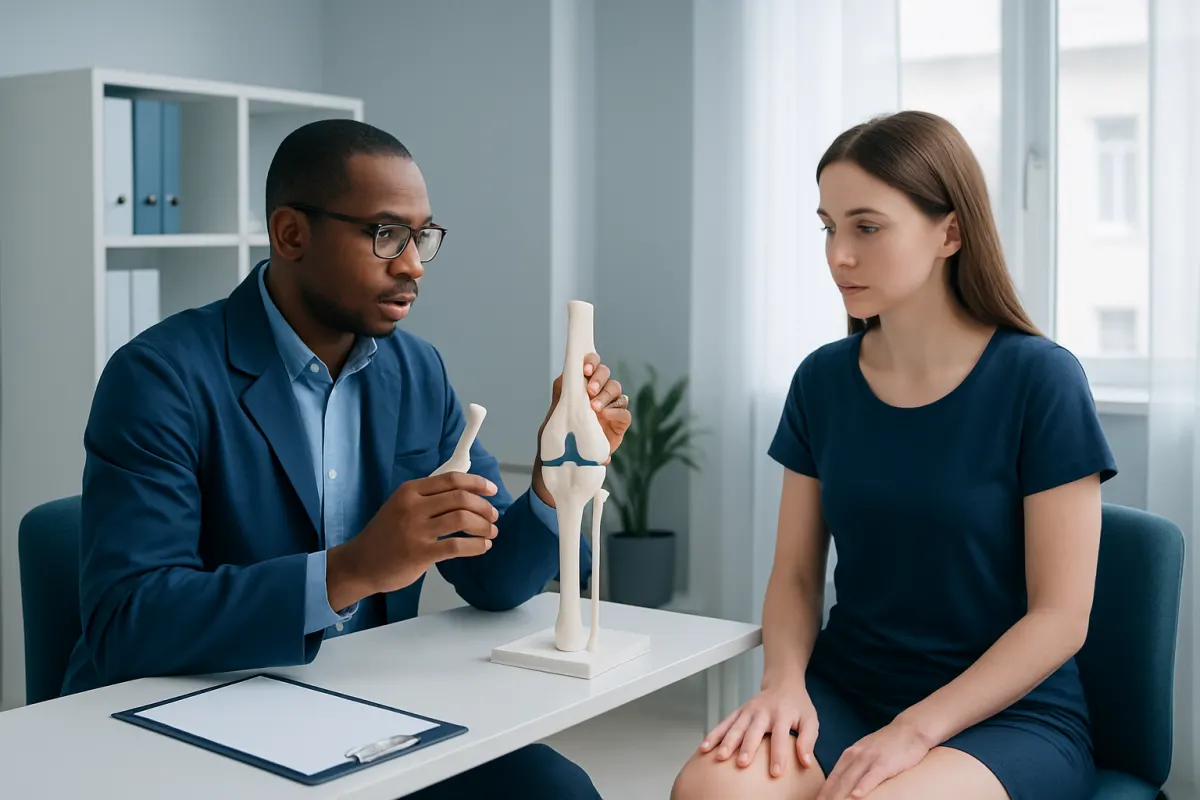 Orthopedic doctor explaining knee joint to patient in consultation room.