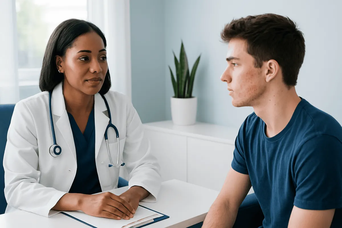 Doctor consulting with a young male patient in a medical office.