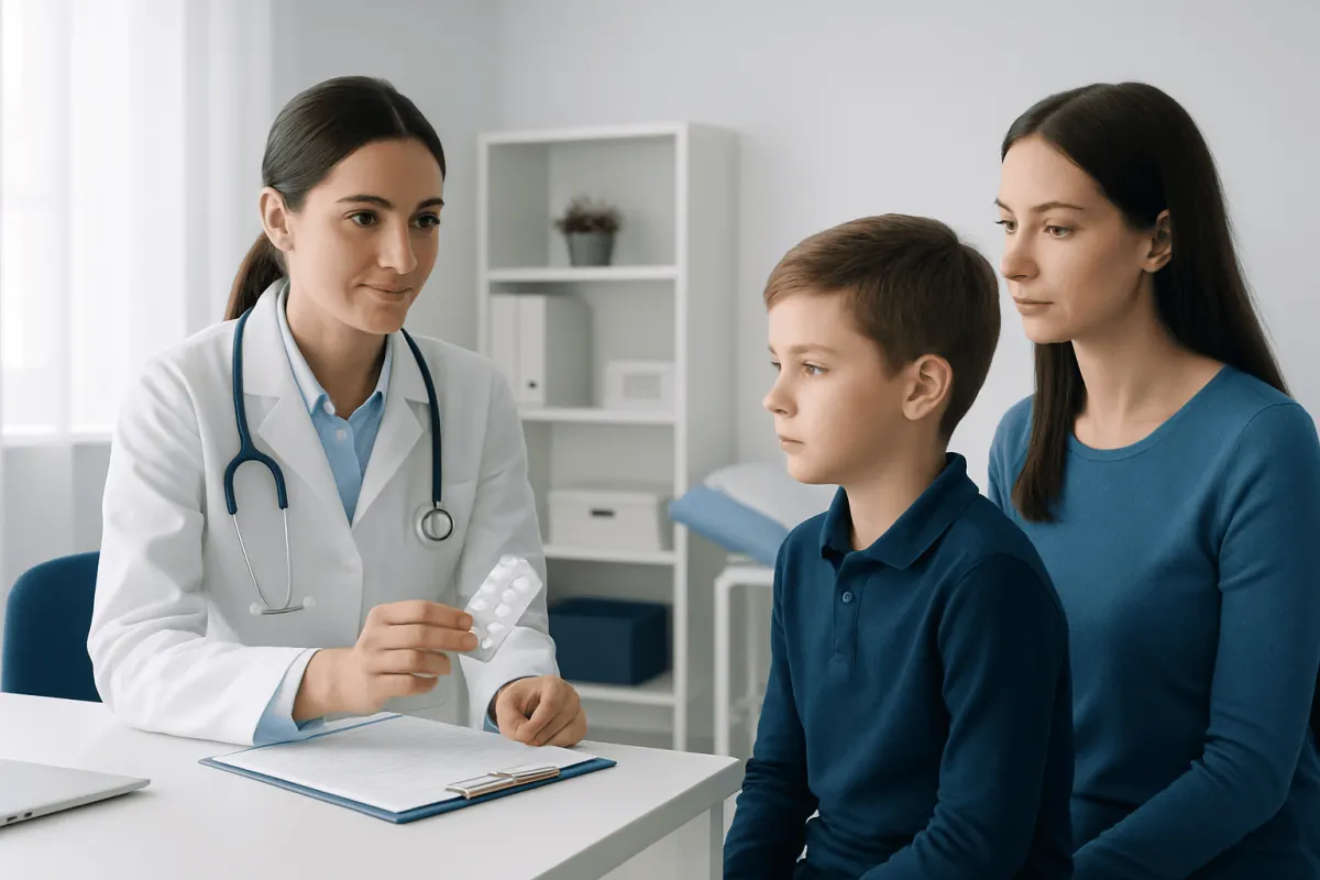 Doctor consulting with a young boy and his mother in a medical office.