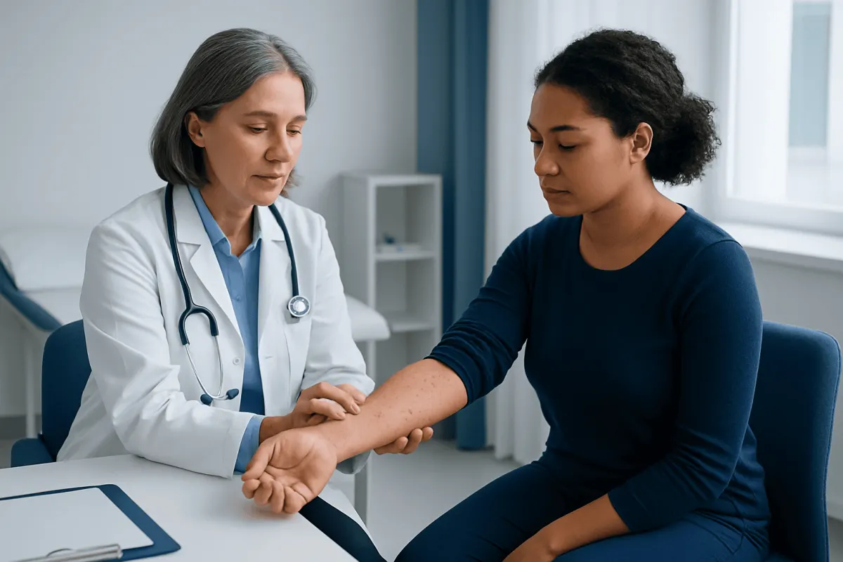 Doctor examining patient's arm for skin spots or purpura.