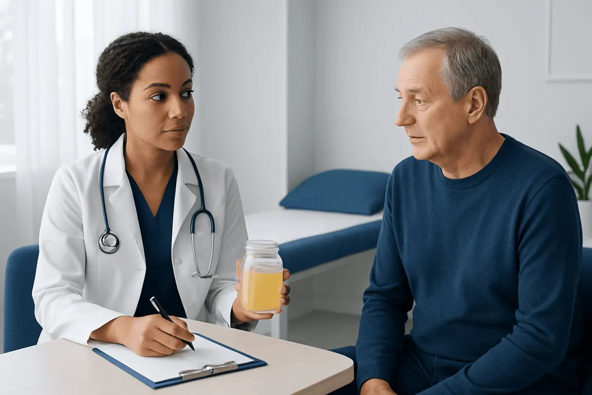 Doctor consulting with an older male patient in a medical office.