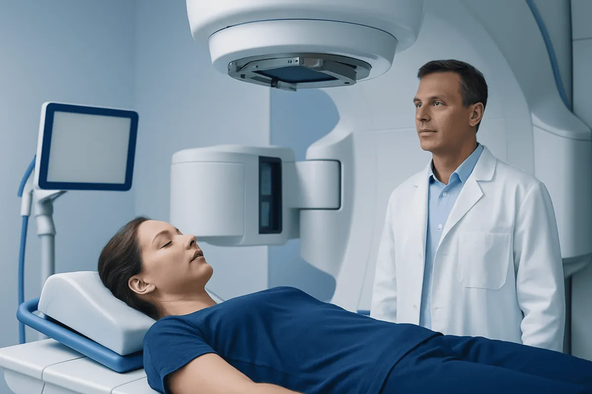 Medical professional preparing for cancer screening with a patient in a hospital.