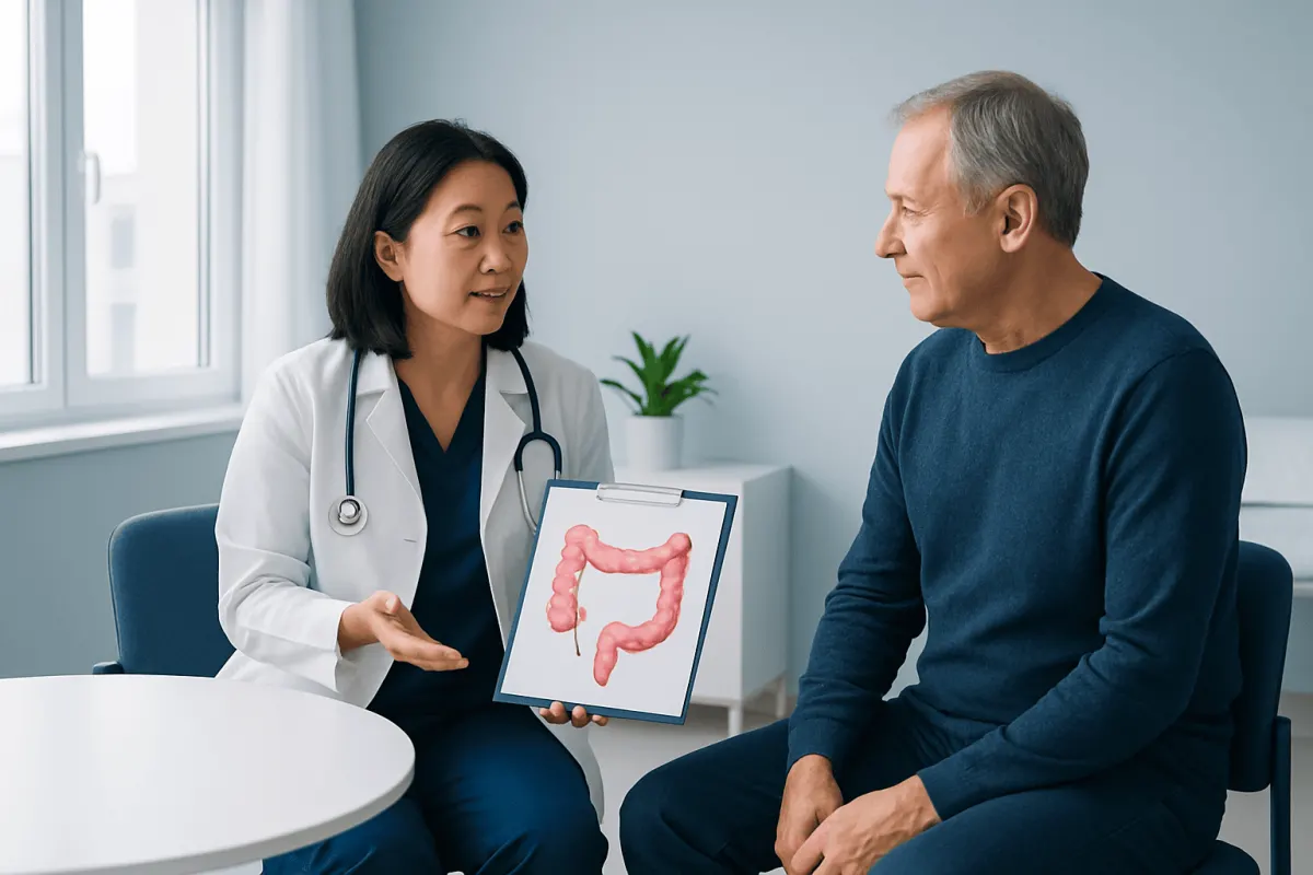 Doctor explaining colon health with a diagram to a patient.