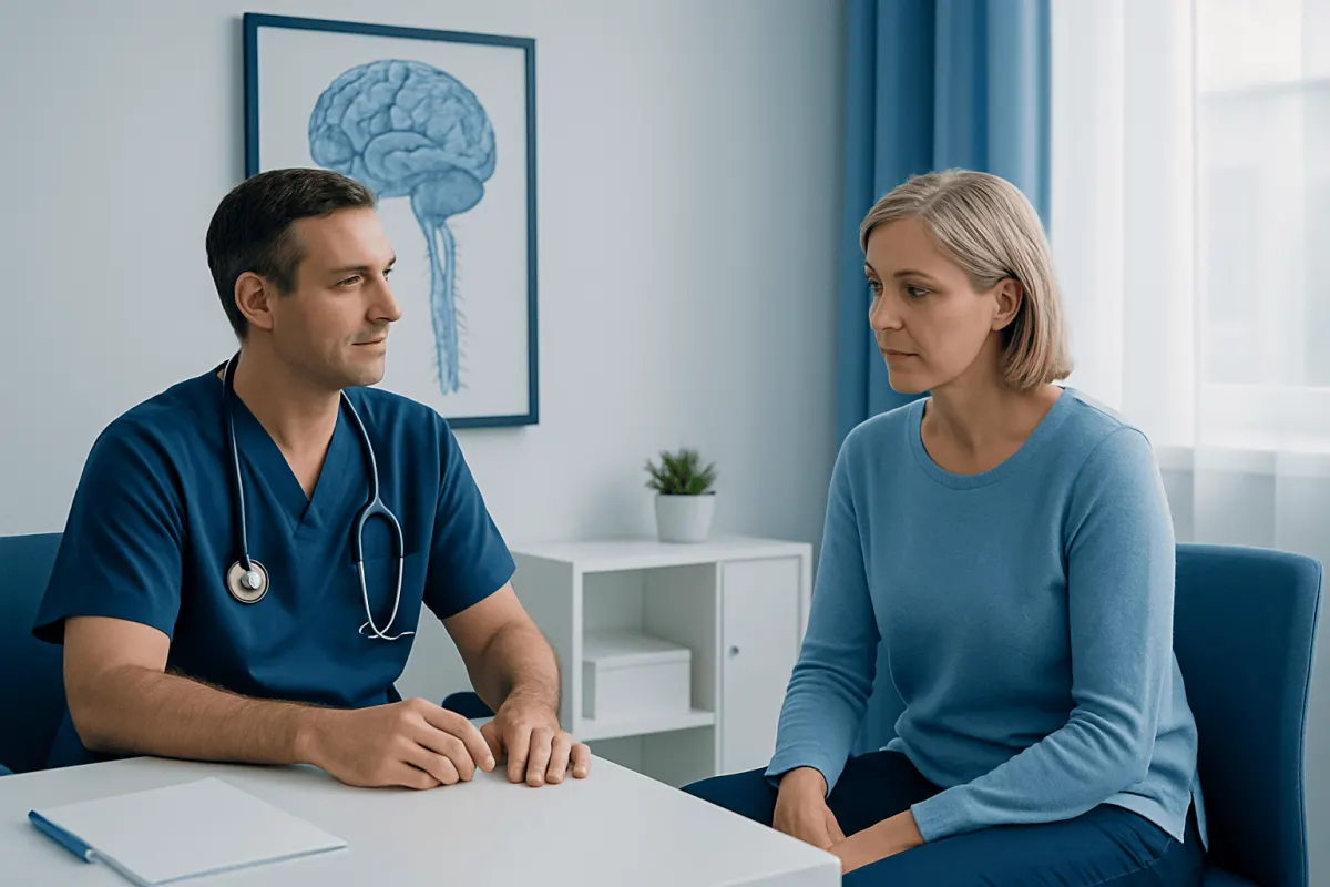 Doctor consulting with a patient in a medical office with brain diagram.
