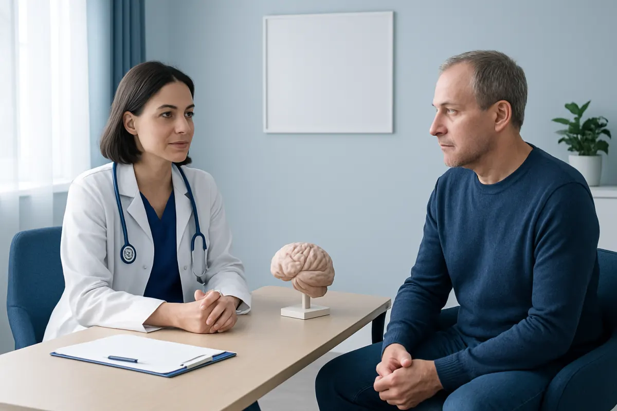 Doctor consulting with a patient about neurological health in a hospital setting.
