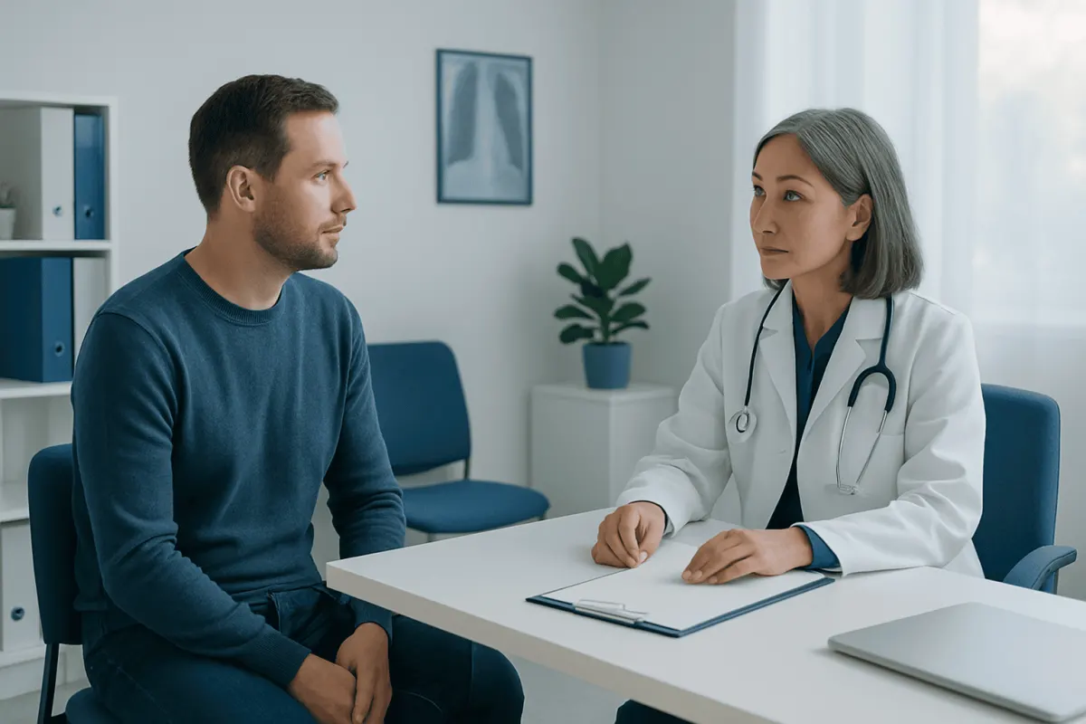Doctor consulting with male patient in a modern clinic setting.
