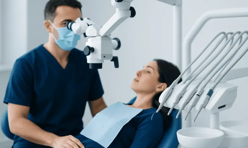 Dentist using microscope during dental examination at Acibadem Hospital.
