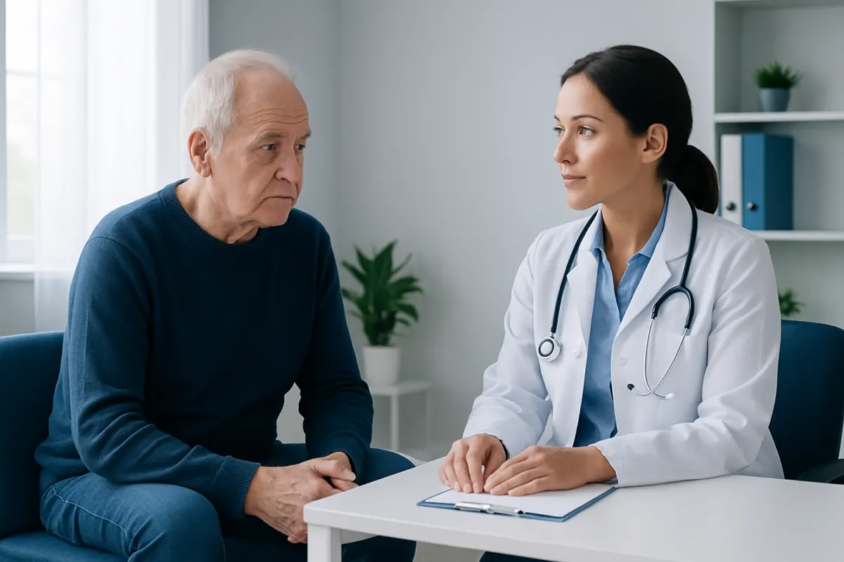 Doctor consulting with elderly patient in a medical office setting.