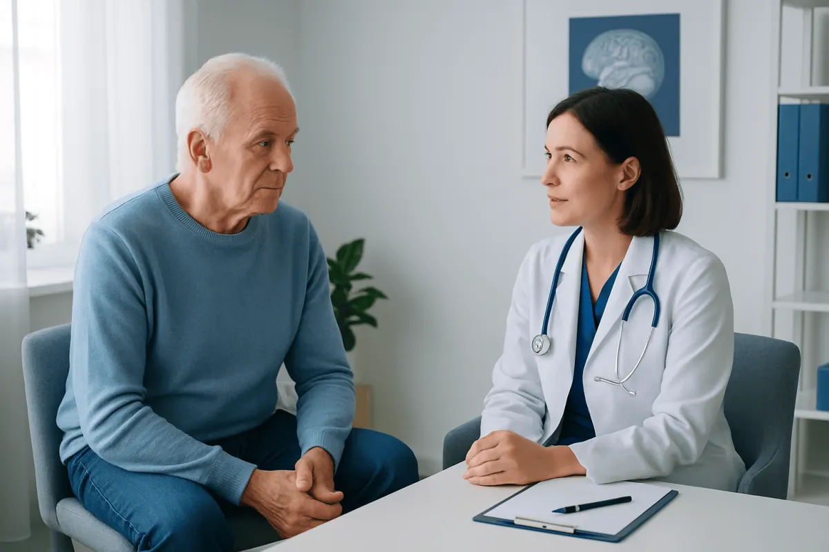 Doctor consulting with elderly patient about cognitive health in clinic.