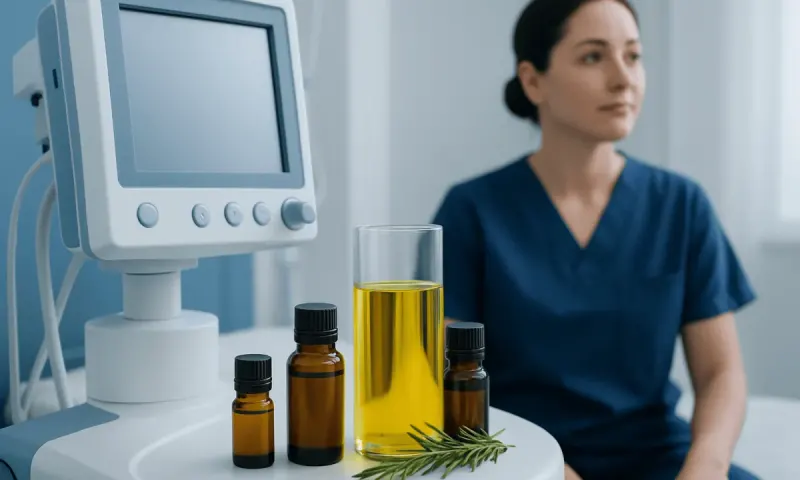 Medical professional with essential oils and herbal remedies in a clinical setting.
