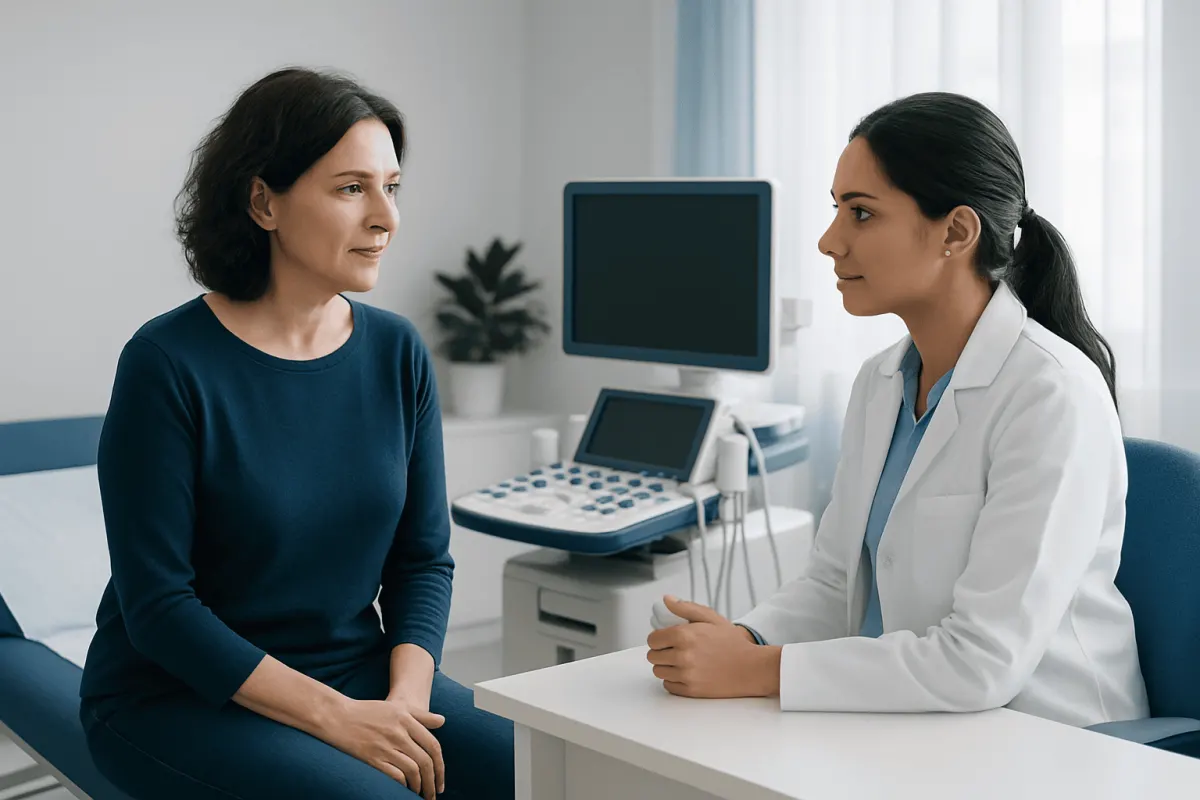 Doctor consulting a patient in a medical office with ultrasound equipment in the background.