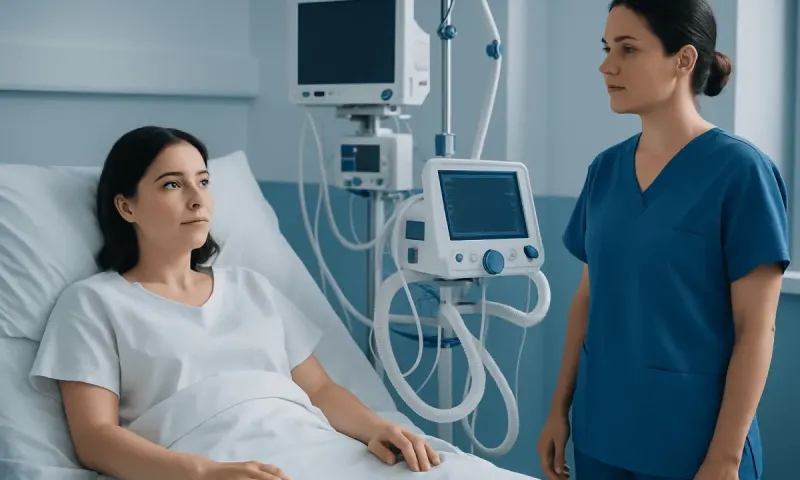 Hospital room with patient and nurse, medical equipment in background.