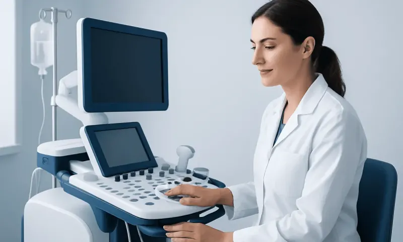 Medical professional operating ultrasound machine in hospital setting.