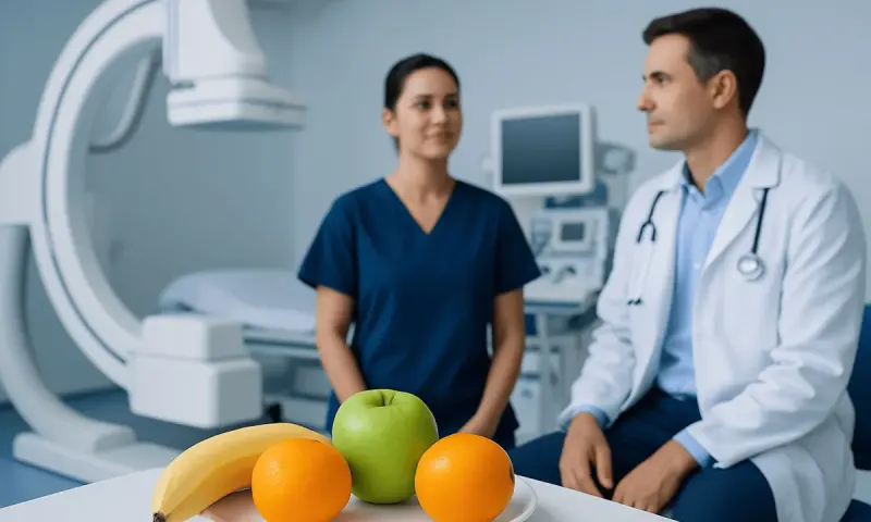Medical consultation with fresh fruits on the table for healthy diet advice.