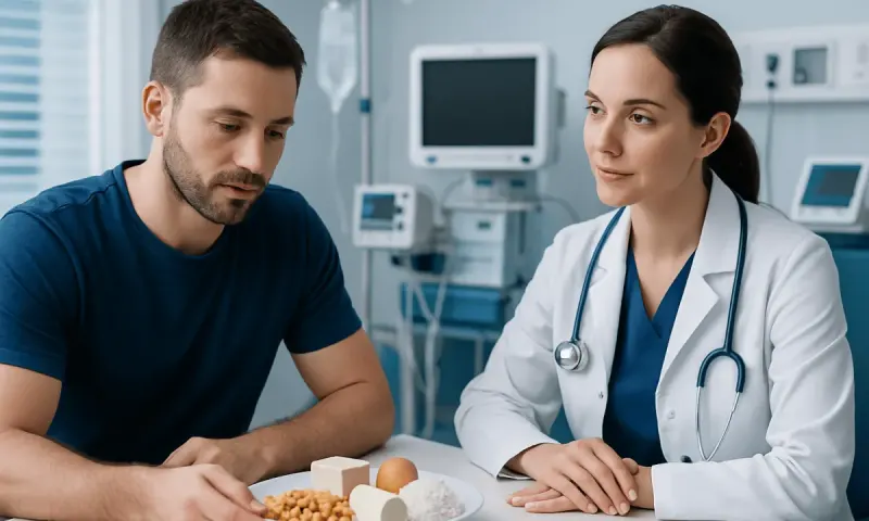 Doctor and patient discussing high-protein foods for muscle building in hospital.