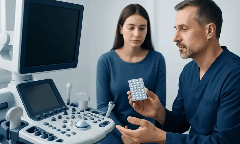 Doctor explaining birth control pills to a patient in a medical clinic.