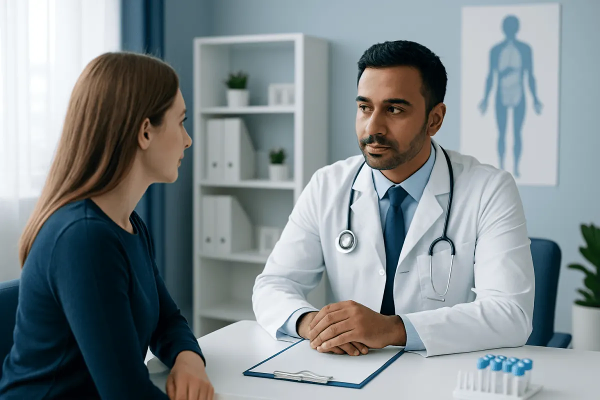 Doctor consulting with a female patient in a modern medical office.