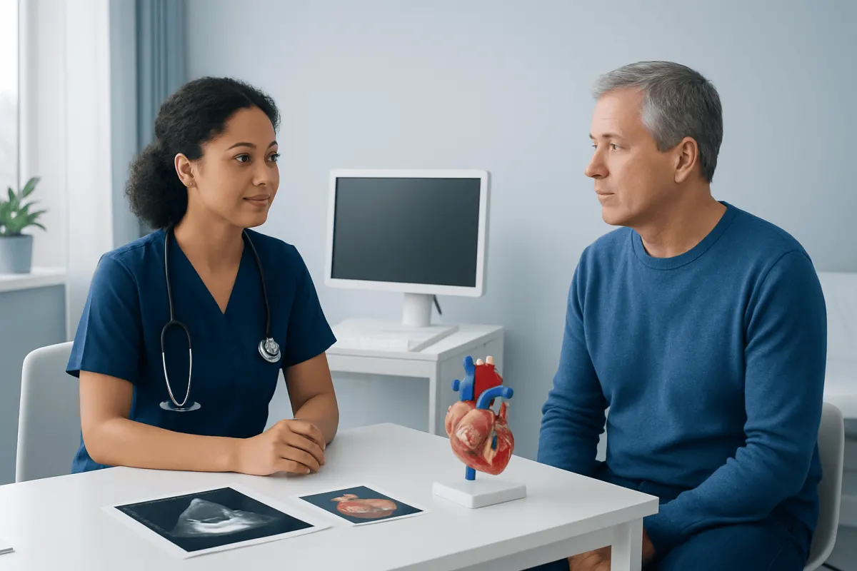 Doctor explaining heart health to patient in clinic setting.