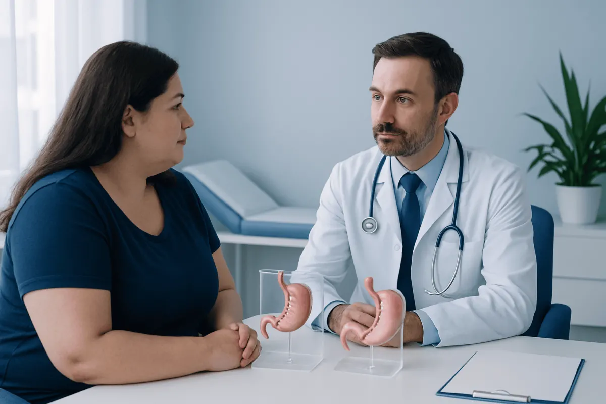 Doctor explaining gastric surgery options to a patient in a clinic.