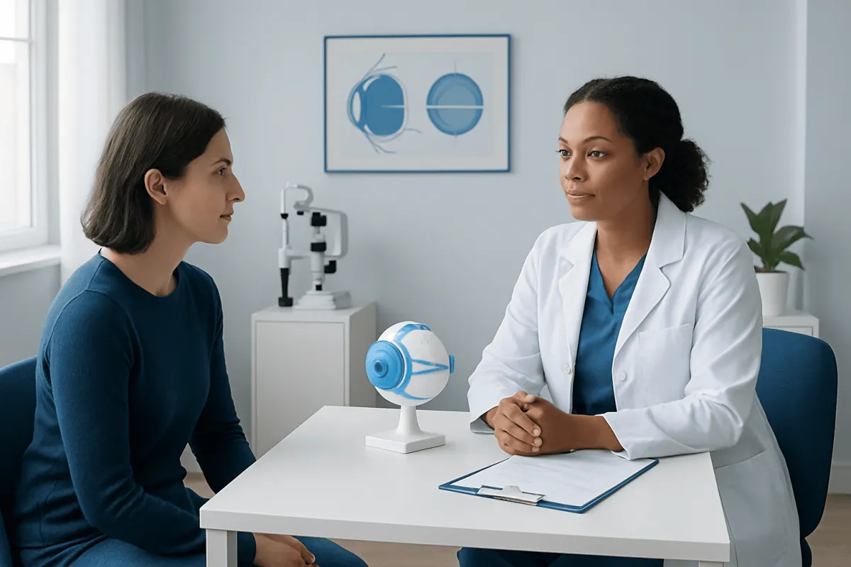 Optometrist explaining eye health to patient in clinic setting.