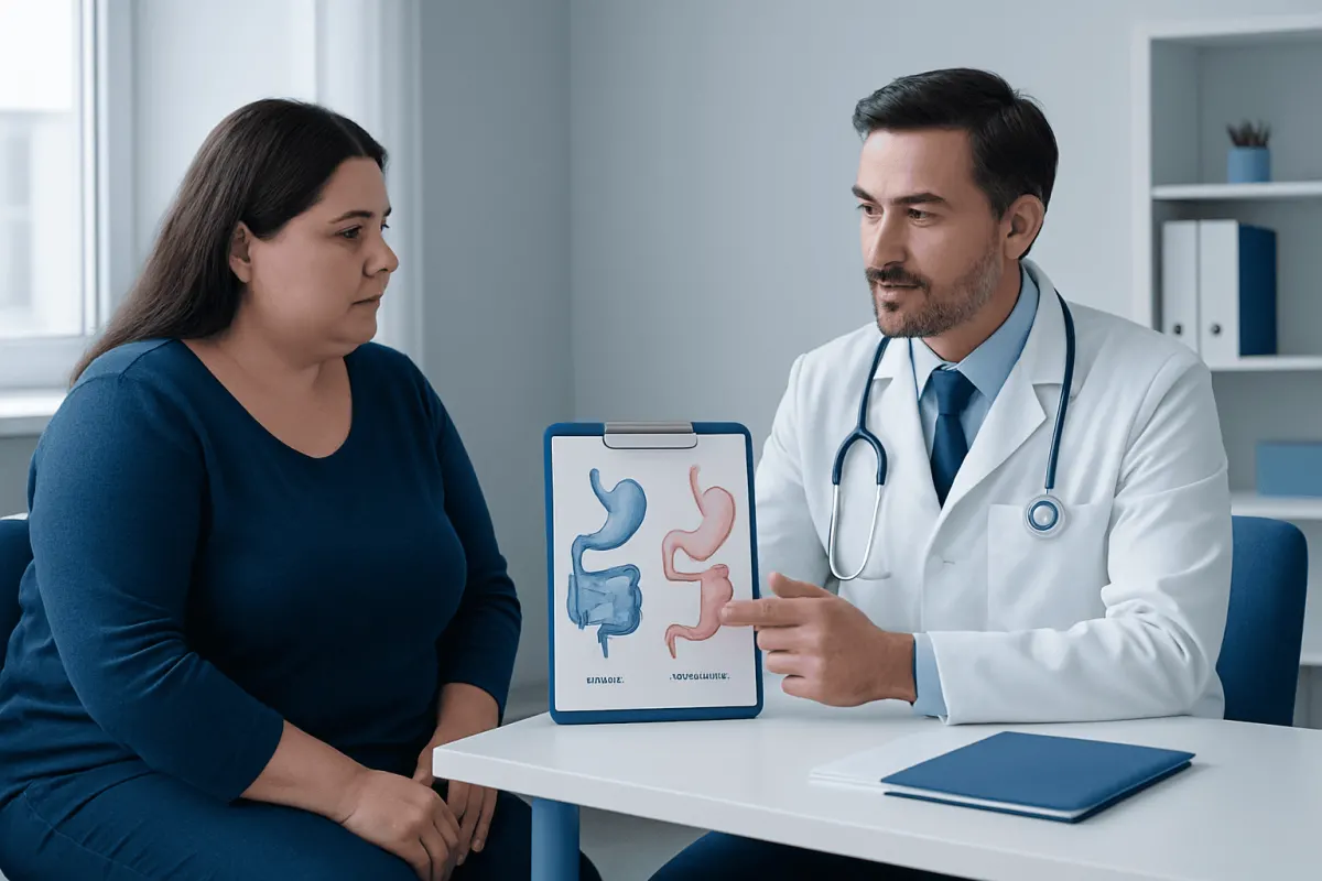 Doctor explaining bariatric surgery options to a patient with diagrams.