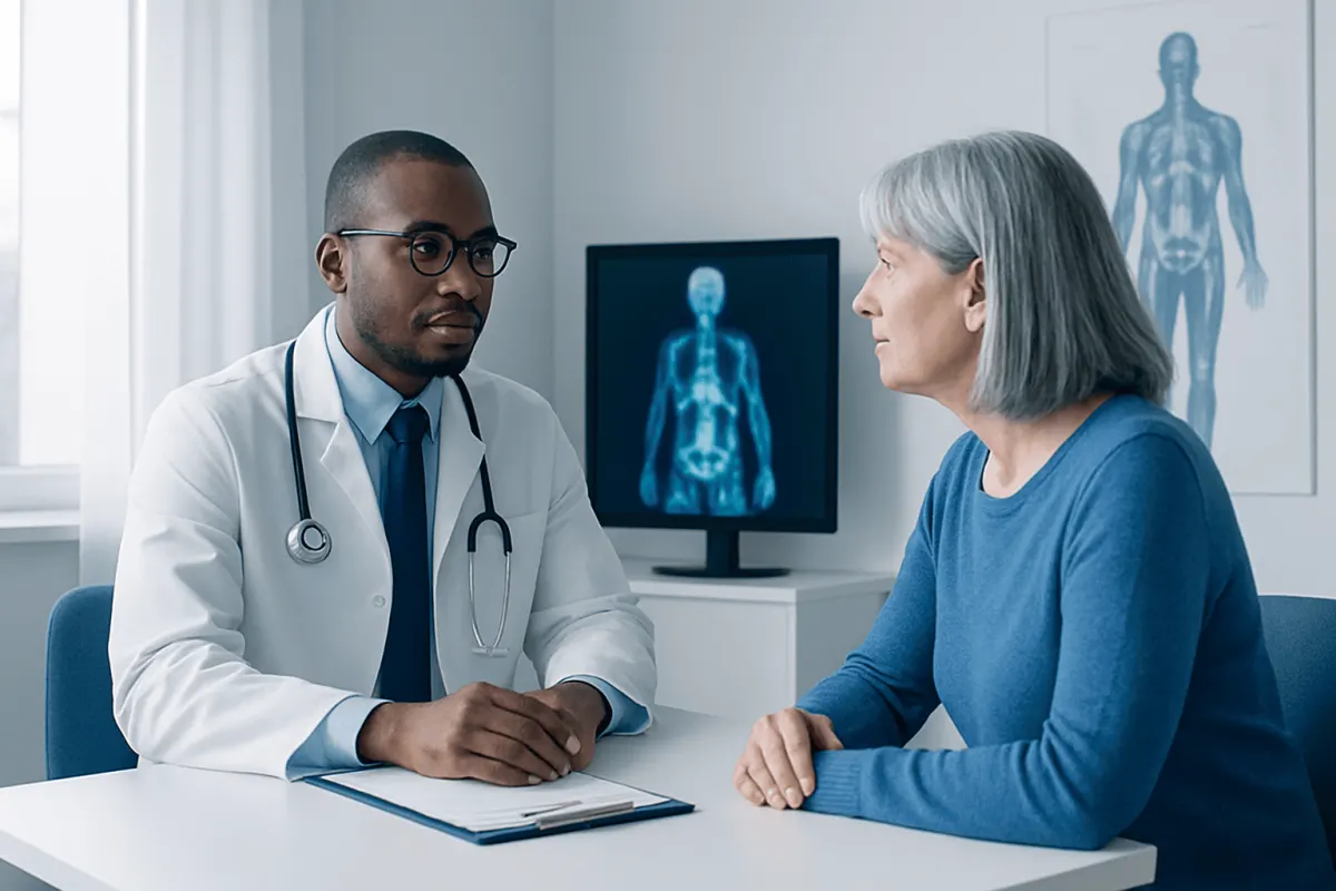 Doctor consulting with an elderly woman in a medical office with a body scan image on the monitor.
