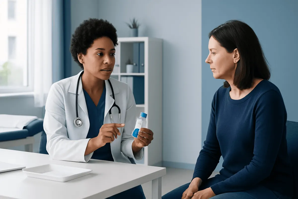 Doctor explaining fecal test options to patient in clinic setting.