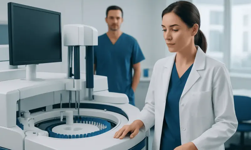 Medical professionals operating advanced laboratory equipment in a hospital setting.