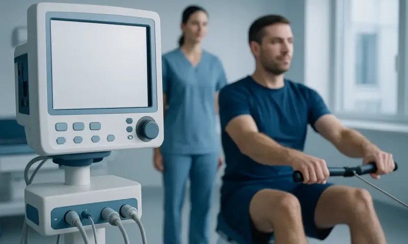Patient undergoing medical assessment with monitoring equipment in hospital.