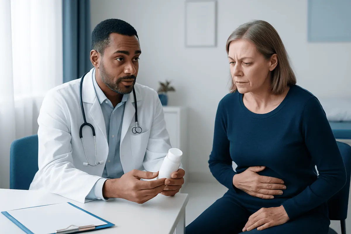 Doctor explaining medication to a woman patient in a clinic setting.